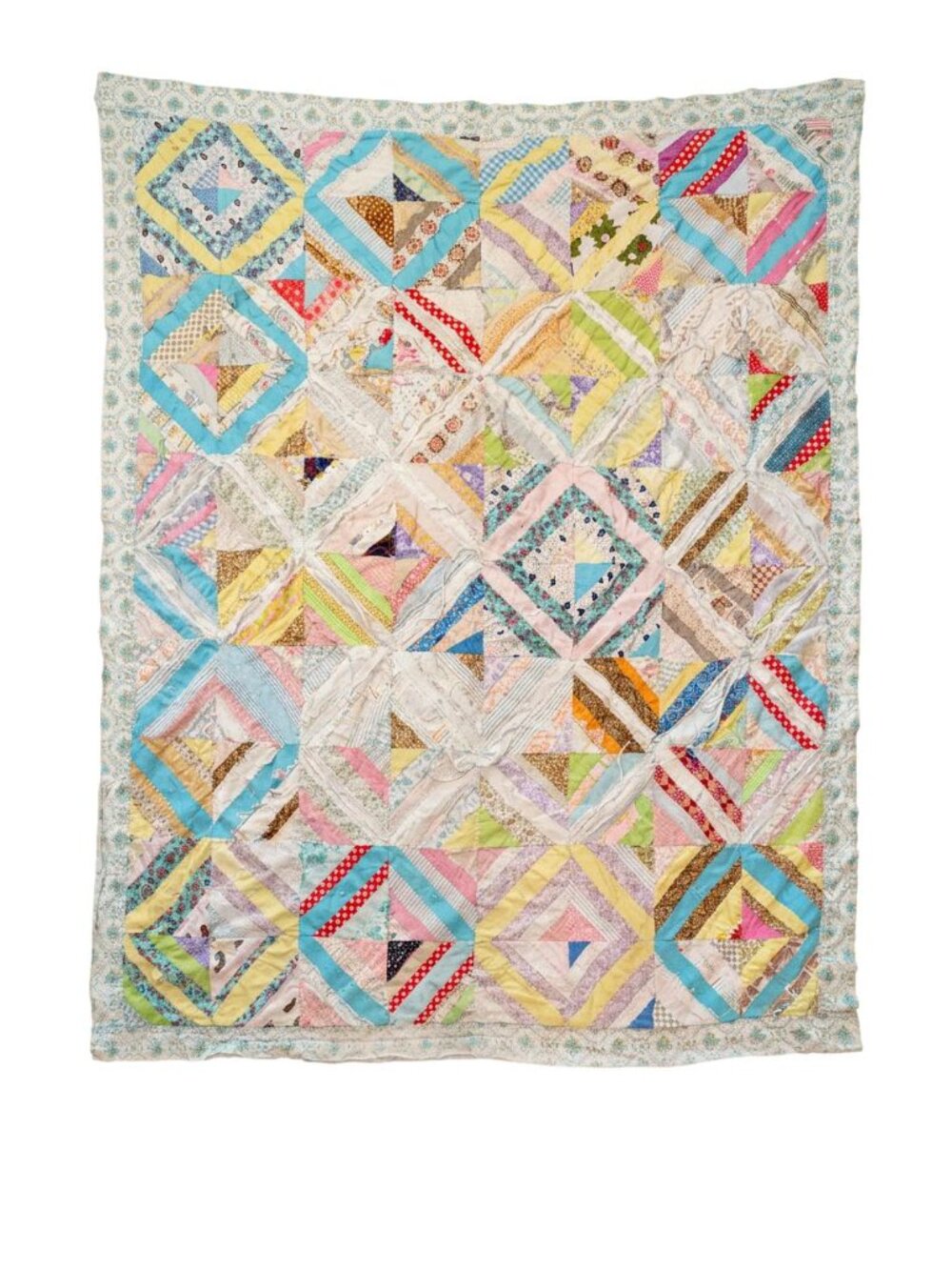 Vintage Handmade String Patchwork Feed Sack Quilt Pastel Cottagecore 65x77